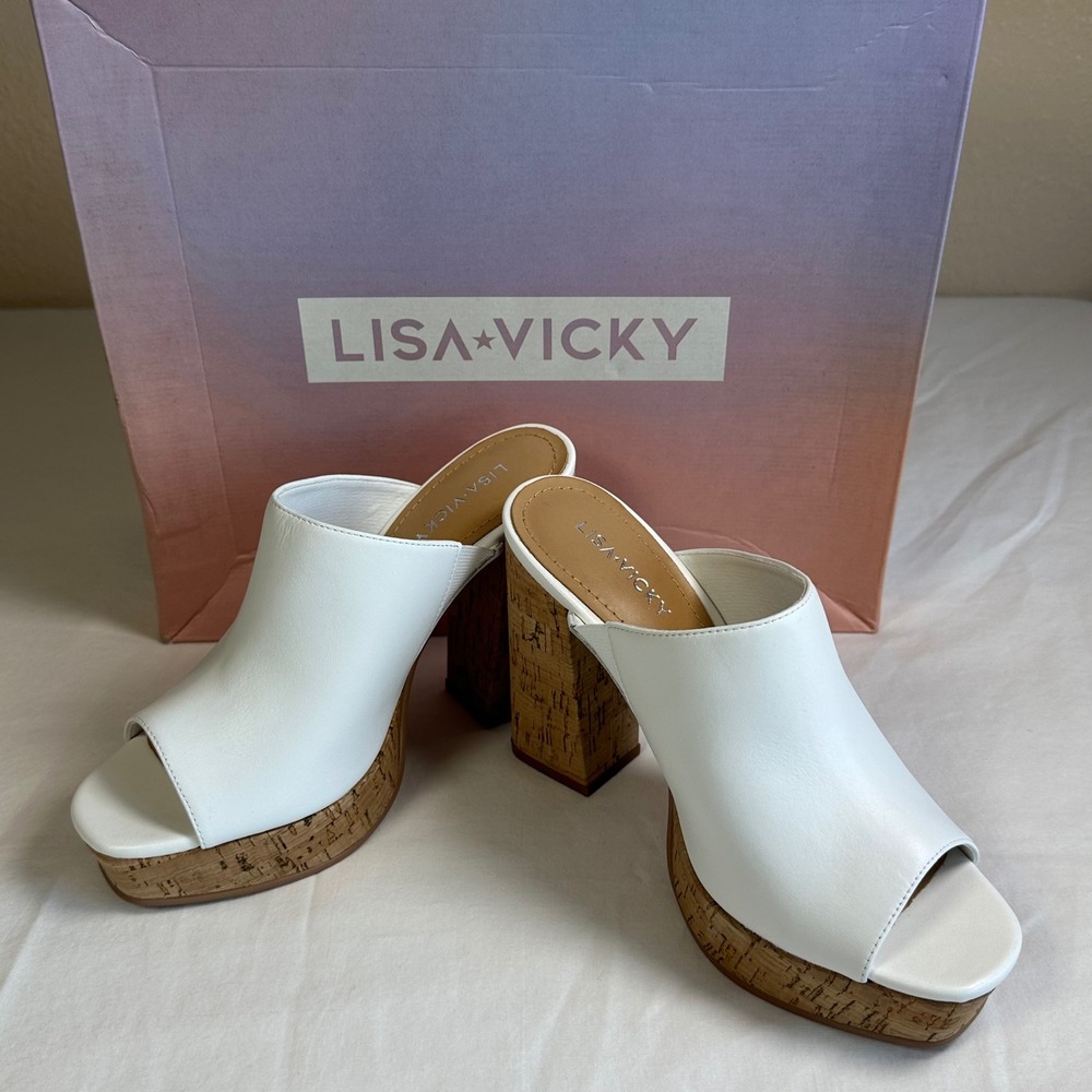 Lisa Vicky White Leather Platform Mules Clogs Cork Heel Size 6 New in Box